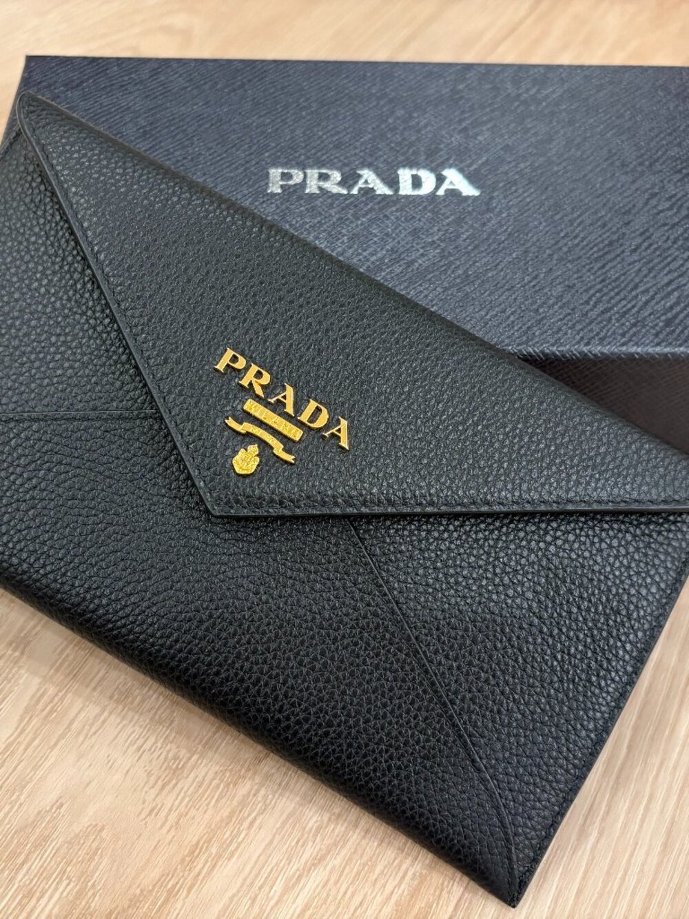 Prada Vitello Move Black Leather Envelope Clutch Wallet, Gold Logo, NEW